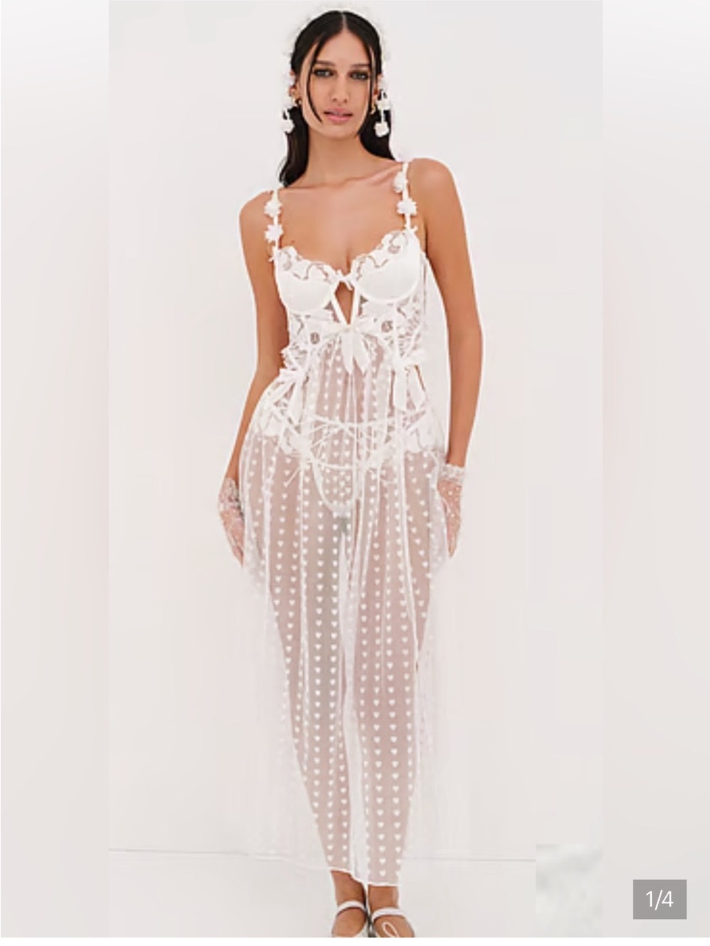 For Love and Lemons Sheer White Lace & Dot Mesh Bridal Chemise